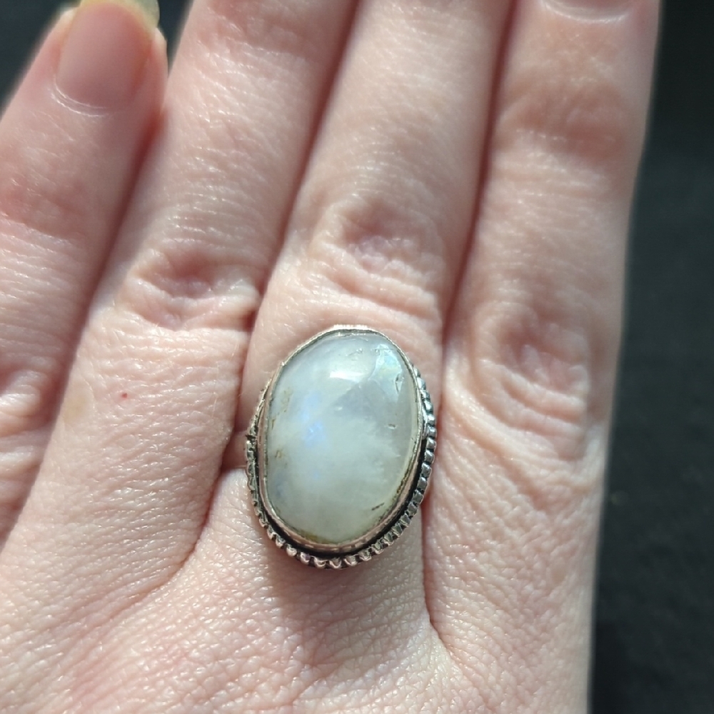 Silver Plated White Moonstone Gemstone Oval Statement Ring - Size 7